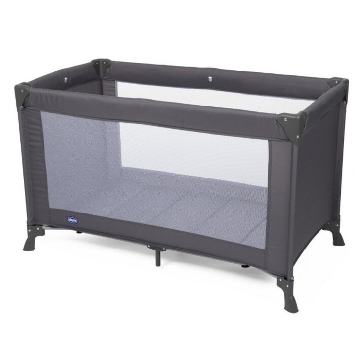 Patut Chicco Good Night, gri inchis, cu saltea inclusa, pentru copii pana la 15kg, 122x70x75cm
