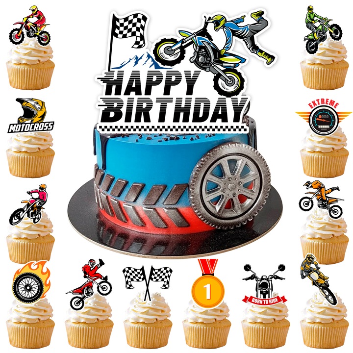 Set 25 decoratiuni cupcakes motocicleta, InBoxxarty, 25pcs, Decoratiuni Tort motocicleta, 1 Decoratiune Tort Mare & 24 Decoratiuni Cupcake, Multicolor