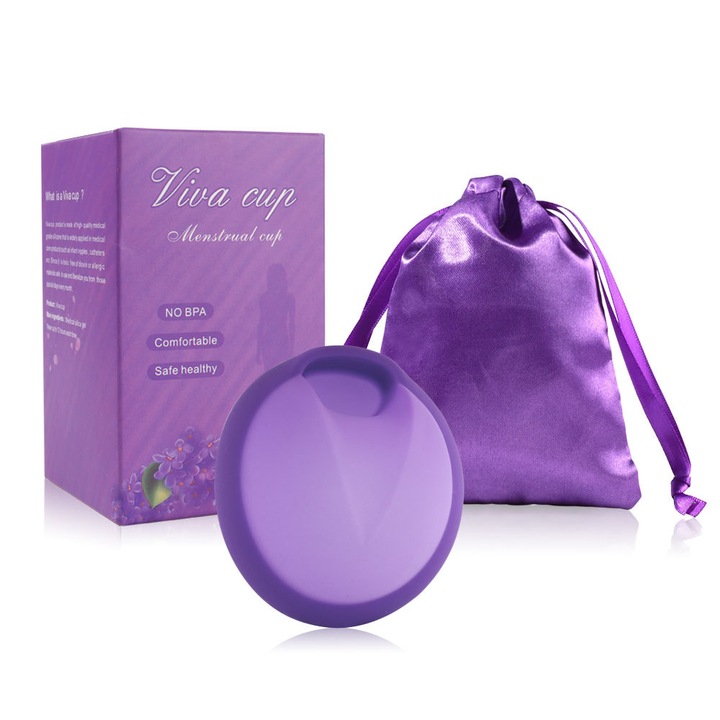 Disc menstrual TrendiShop® din silicon medicinal, Marimea S, ecologic, reutilizabil, confortabil, cu inel pentru prevenirea scurgerii, Capacitate 30ml, Mov, Saculet transport