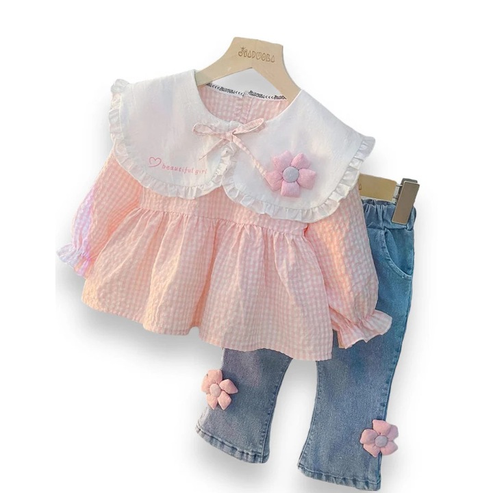 Compleu roz din 2 piese cu blugi evazati COSMINA