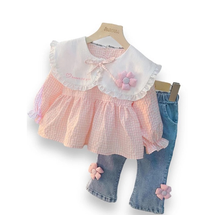 Розов комплект от 2 части с клоширани дънки COSMINA