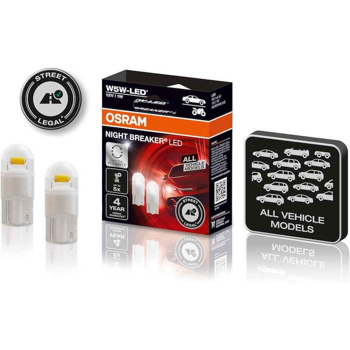 Комплект от 2 LED крушки Osram T10 12V 1W W5W Canbus Night Breaker, Бяла 5700K Одобрено RAR