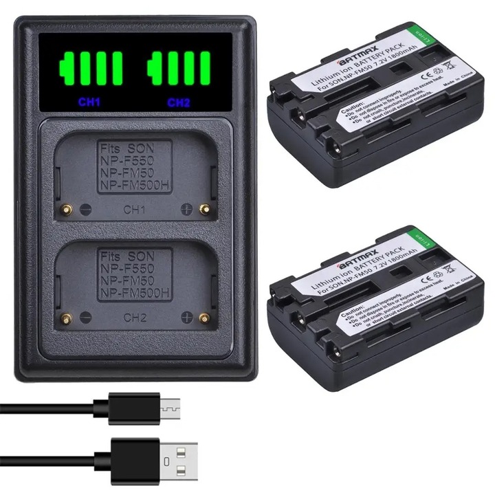 Set 2 acumulatori NP-FM50 + incarcator dublu BATMAX pentru camere Sony seriile DCR-PC DCR-TRV CCD-TRV DSLR A100