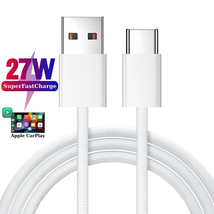 Cablu USB la USB-C, AHA PRINT®, Transfer Date si Incarcare FastCharge 27W, pentru iPhone 15/16/17 Plus, Pro & ProMax, compatibil CarPlay, cu Protectie la Supratensiune, Incarcare Rapida si Sigura, Textil Premium, Type C, 2m, Alb