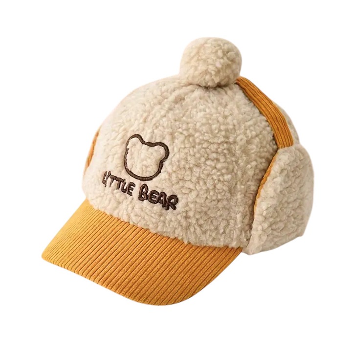 Sapca pentru copii, model cu pom pom, prindere reglabila cu scai in doua moduri, urechiuse amuzante, tematica little bear, 2 - 6 ani, galbena, EFAYN