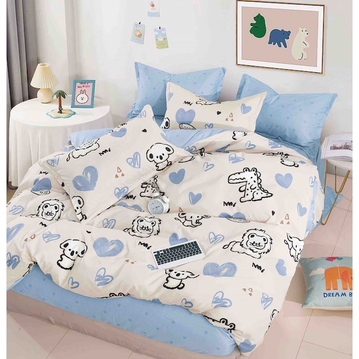 Lenjerie de pat, 4 piese, 1 persoana, cearceaf de pat 155x230cm, cearceaf de pilota 155x205cm, 2 fete de perna 55x80cm, Finet, Multicolor, M 10