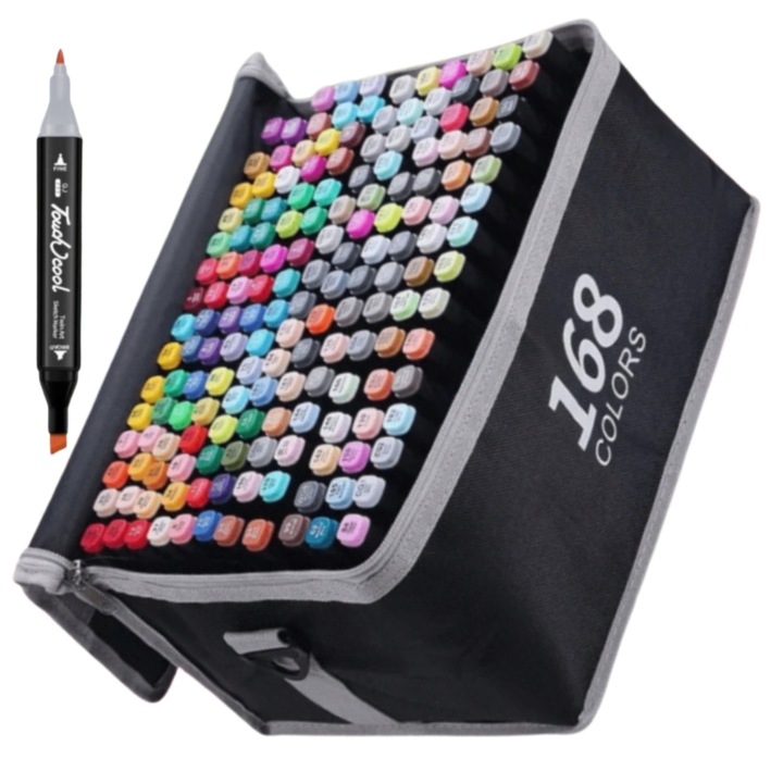Маркери, сензорен, двустранни накрайници, мастило на алкохолна основа, държач за органайзер, комплект от 168 части
