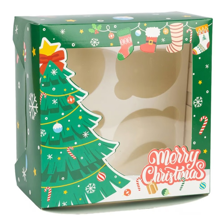 Cutie briose de Craciun verde cu fereastra 16x16x9 cm (4 briose), suport interior alb