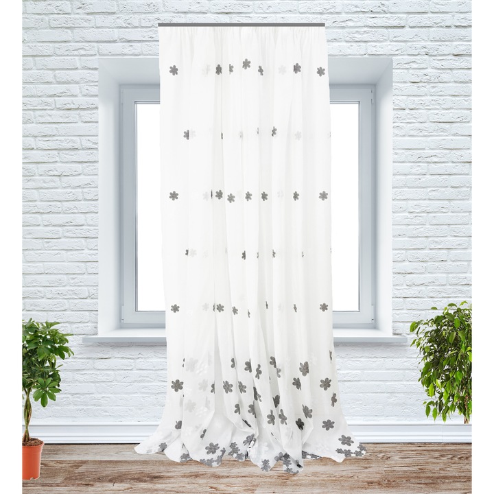 Perdea cu rejansa, 350x240 cm, cu flori brodate, alb/gri