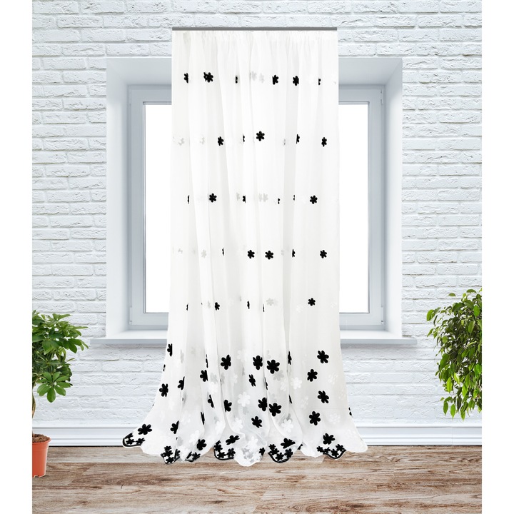 Perdea cu rejansa, 350x240 cm, cu flori brodate, alb/negru