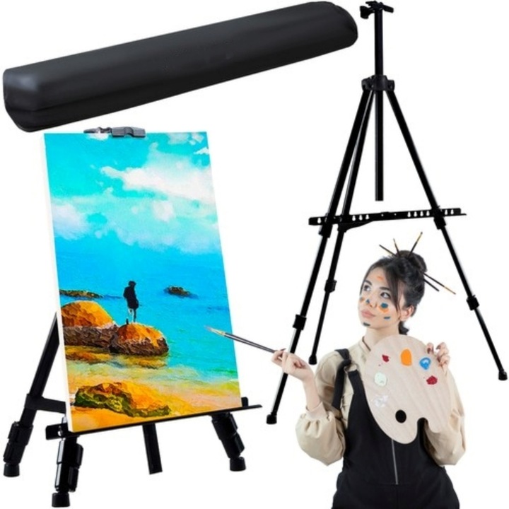 VarioShop® метален статив за рисуване, статив, сгъваем, регулируем В 3 сегмента, регулируем до 160 см височина, неплъзгащ се дизайн, с чанта за носене, лесен за инсталиране, черен