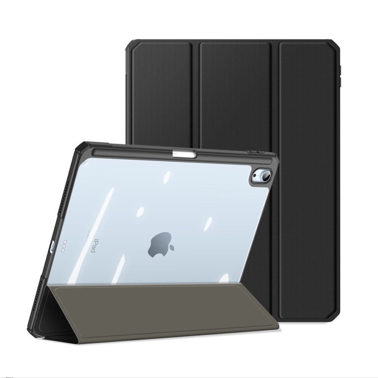 Husa premium tableta Apple iPad Air 11" (2024), Sigloo, interior imitatie piele, suport Smart Pen, spate din PC transparent, rezista la socuri, Black