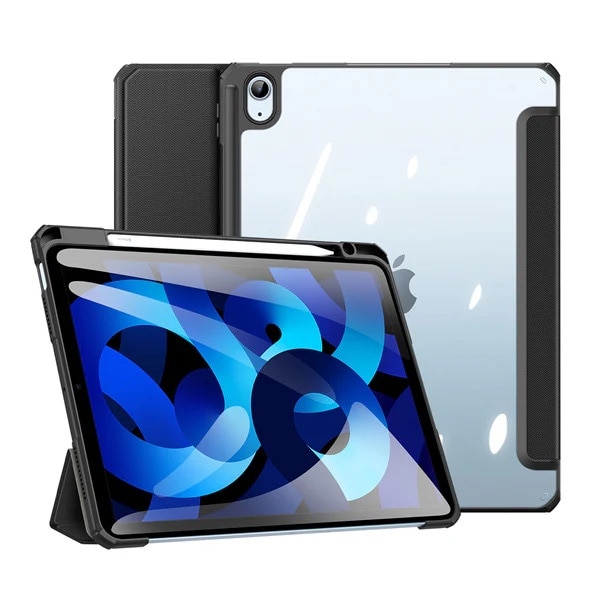 Husa premium tableta Apple iPad Air 11" (2024), Sigloo, interior imitatie piele, suport Smart Pen, spate din PC transparent, rezista la socuri, Black