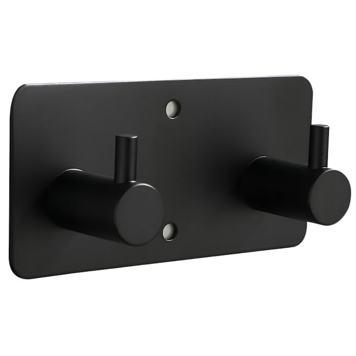 Suport pentru prosoape, Negru, Autoadeziv, Metal, Dimensiuni: 9.5 cm x 4.8 cm, 2 carlige, Fi x are cu banda adeziva 3m sau cuie, Utilizare in baie si bucatarie