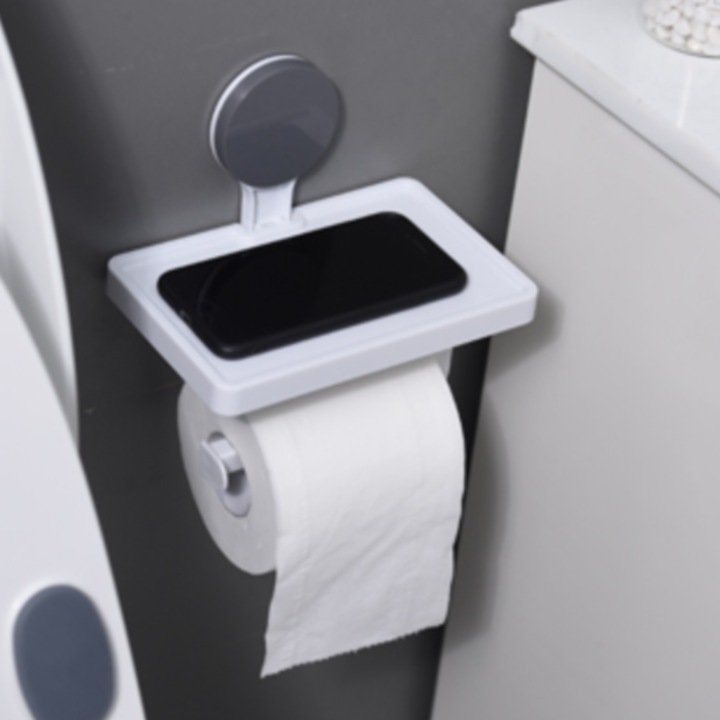 Поставка за тоалетна хартия с рафт за съхранение на телефон или други аксесоари от MC - мултифункционален рафт, модерен Бяло и сиво 18 x 11,5 cm