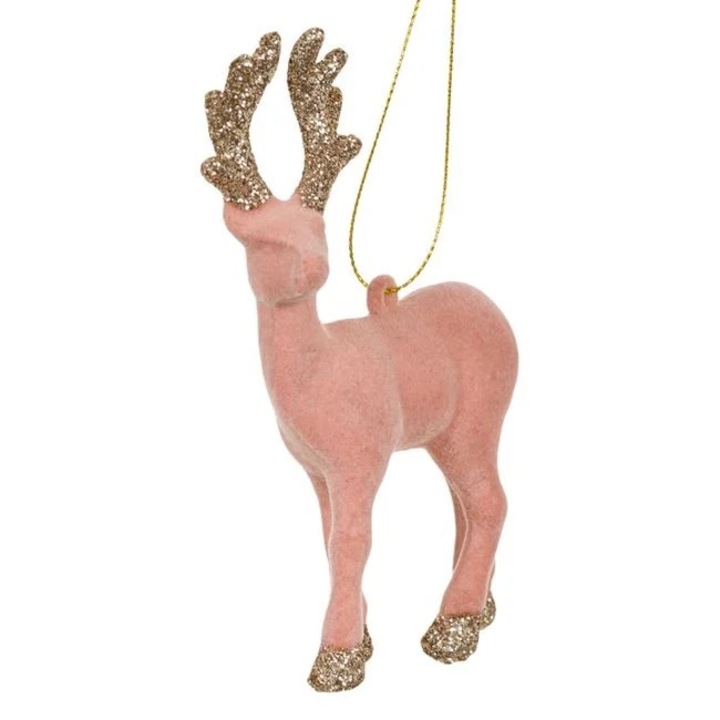Ornament brad Craciun Antbro® din plastic, cerb roz cu glitter si fir argintiu, 13cm