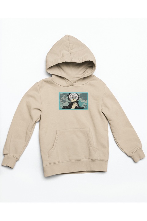 Gojo v3 Бродирана аниме качулка от Jujutsu Kaisen, Крем