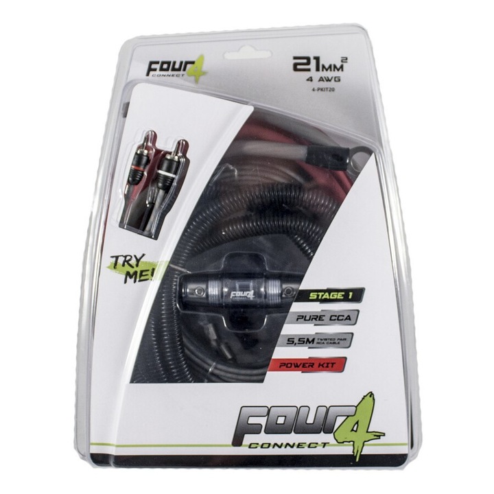 Kit Cabluri Amplificator Four Connect 4-PKIT20 Stage1, 4 AWG (20 mm2), Montaj simplu, fara scule de sertizare, cu protectie maxima la scurtcircuit, Siguranta inclusa, Lungime 5m, RCA 5.5m