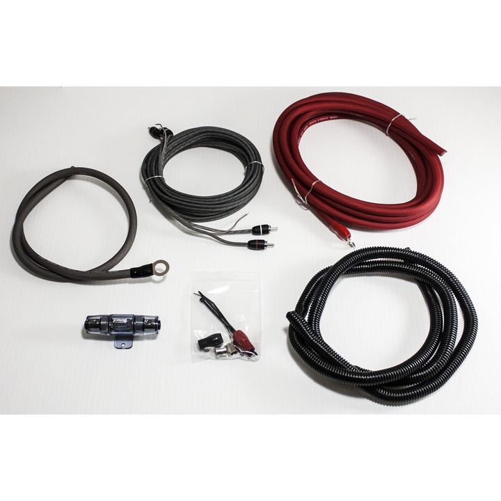 Kit Cabluri Amplificator Four Connect 4-PKIT20 Stage1, 4 AWG (20 mm2), Montaj simplu, fara scule de sertizare, cu protectie maxima la scurtcircuit, Siguranta inclusa, Lungime 5m, RCA 5.5m