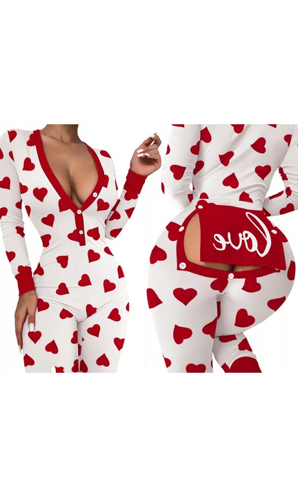 Női pizsama puffos tasakkal LOVE HEARTS fehér és piros L színben