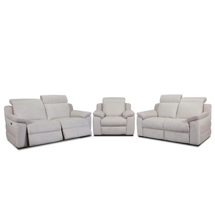 Set 3 canapele VENTADOR, 3-locuri cu 2-reclinere electrice, 2-locuri fara reclinere si fotoliu cu recliner electric, stofa bicolora-C9B19