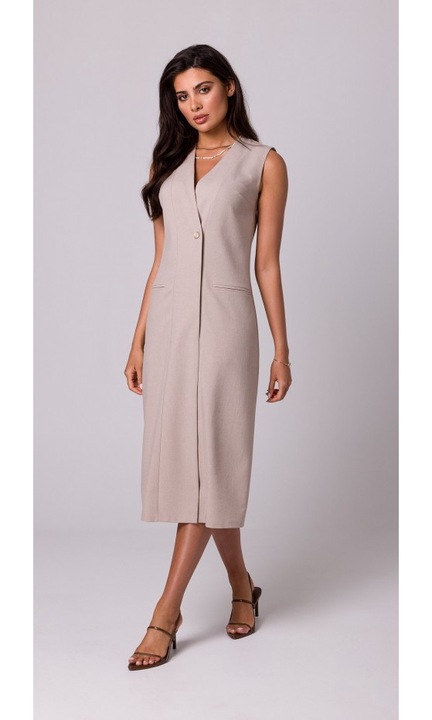 Миди рокля без ръкави - бежова, Бежов