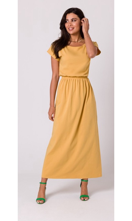 Разкроена макси рокля с деколте и еластична талия - honey, Меден