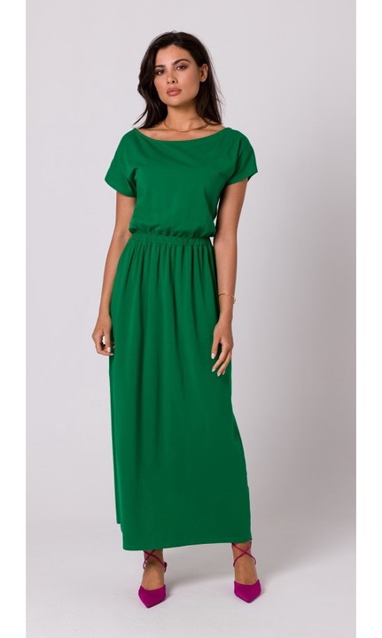Разкроена макси рокля с деколте и еластична талия - пищно зелено, Зелен