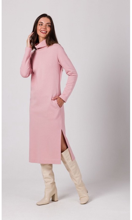 Rochie cu guler inalt, BeWear, Roz, Розово
