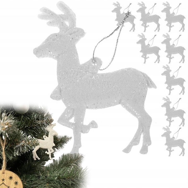 Set 9 globuri de Craciun cu reniferi, alb cu sclipici, 9,5x7cm, cu snur argintiu