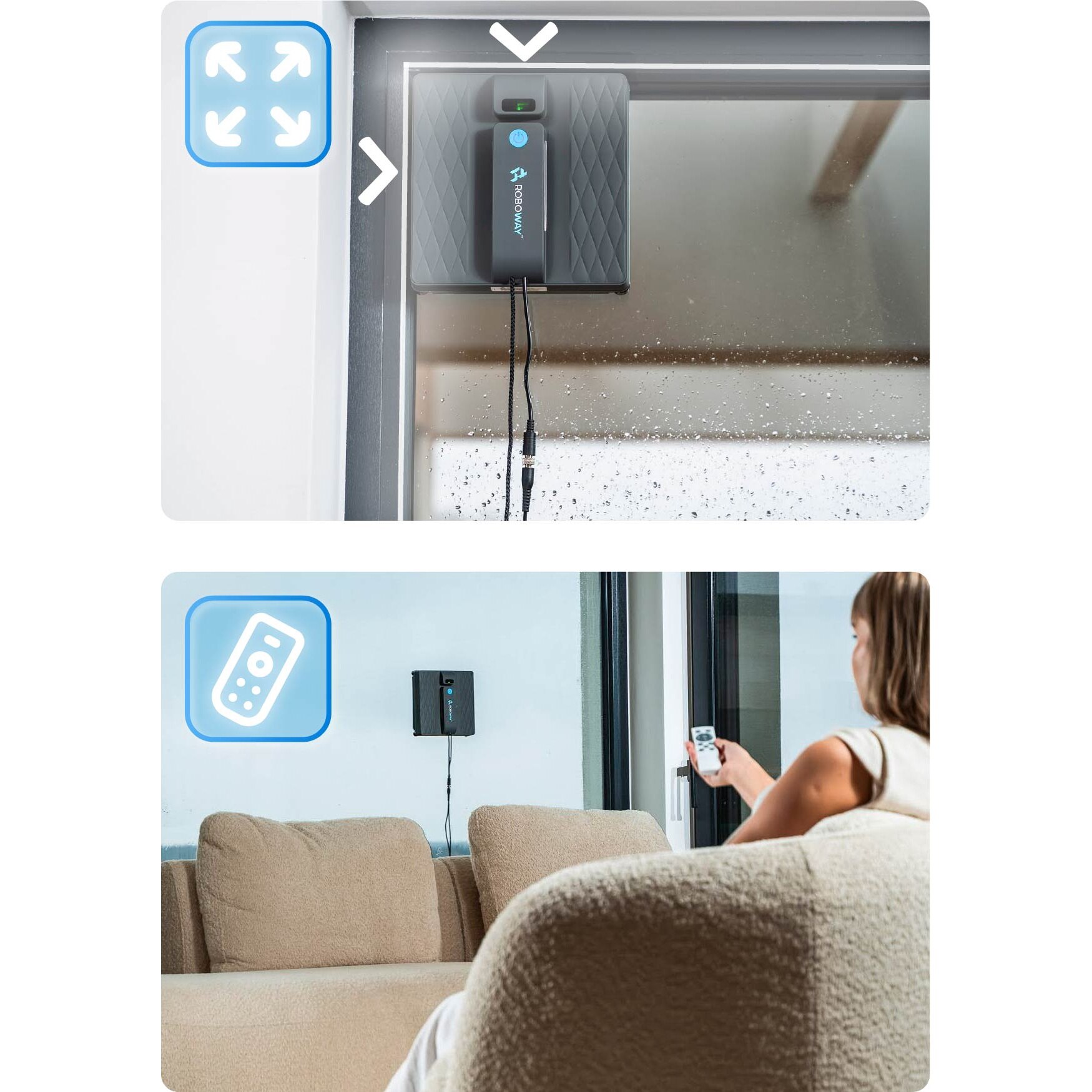 Robot inteligent de curatare a geamurilor Roboway RW-5, 2 pulverizator, 3000pA, Control de la distanta, adaptor de alimentare, Wifi, 3 moduri de curatare, Negru