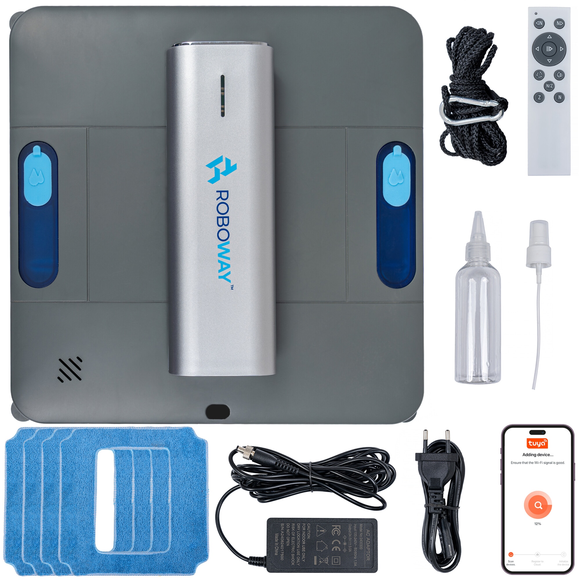 Robot inteligent de curatare a geamurilor Roboway RW-5-PRO, 2 pulverizator, 4000pA, Control de la distanta, adaptor de alimentare, Wifi, 4 moduri de curatare, Negru