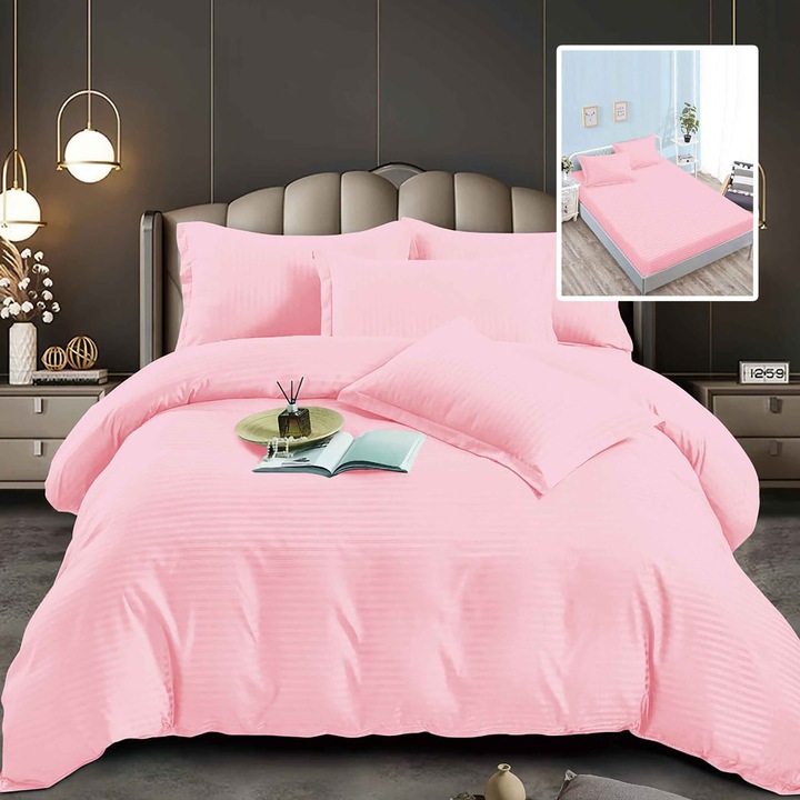 Спално бельо 6 части Damascus Polycotton, чаршаф 160x200 или 180x200 см, плик 200x230 см, калъфки за възглавници 50x70 см и 70x70 см, райе 1 см, розов (6DPH31)
