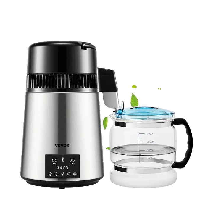 Дестилатор за вода, 304 неръждаема стомана, гарафа от боросиликатно стъкло, капацитет 3.9L, червен