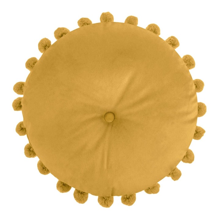Perna decorativa rotunda velvet galben mustar cu nasture si pompon, pentru canapea, Ø40cm