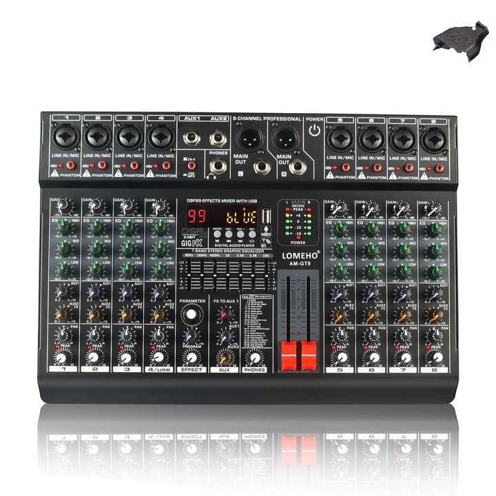 DJ миксиращ пулт, 8 моно канала, 99 DSP ефекта, черен
