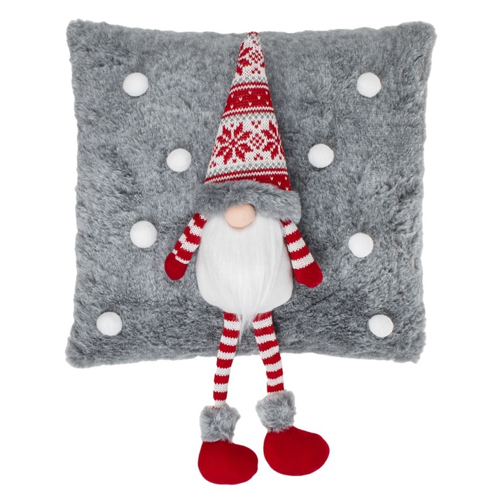 Perna decorativa de craciun gri cu figurina gnome 3d 35x50cm