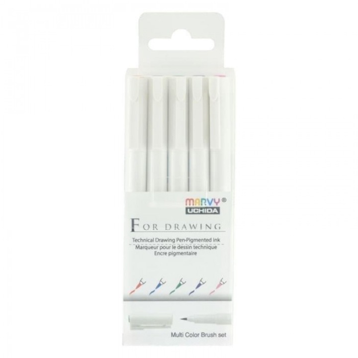 Комплект от 5 графични маркера Marvy, цветни, с връх на четка, 160x70 мм