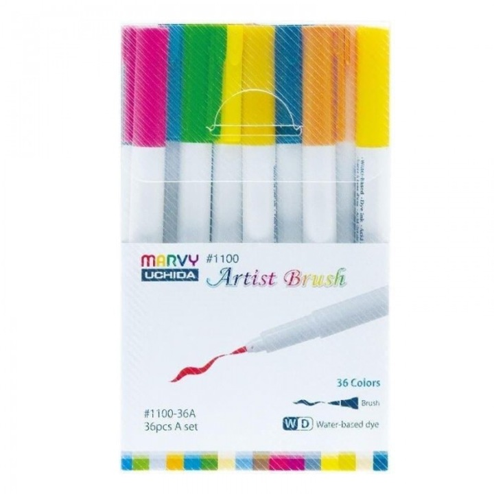 Маркери с четка за рисуване, Marvy, 36 цвята, на водна основа