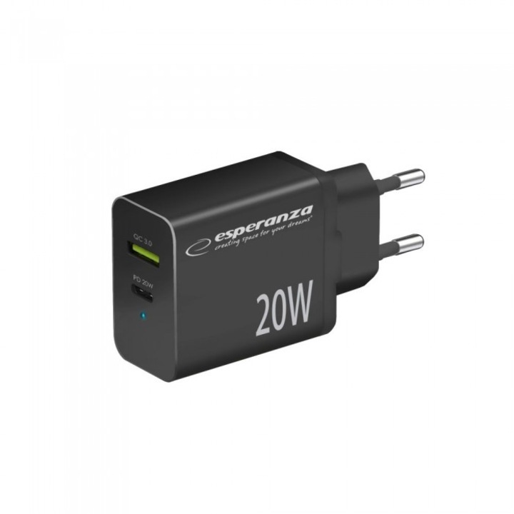 Hálózati töltő ESPERANZA EZC105K, 20W, USB-C PD 20W / USB-A QC 3.0, fekete