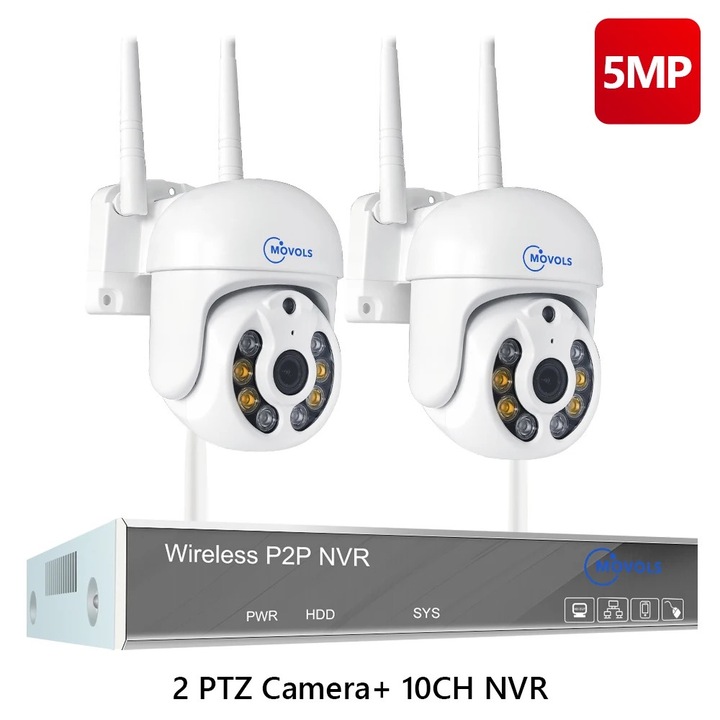 Vezeték nélküli megfigyelő rendszer, Movols, 10 csatornás NVR, 5 MP, 2 PTZ kamera