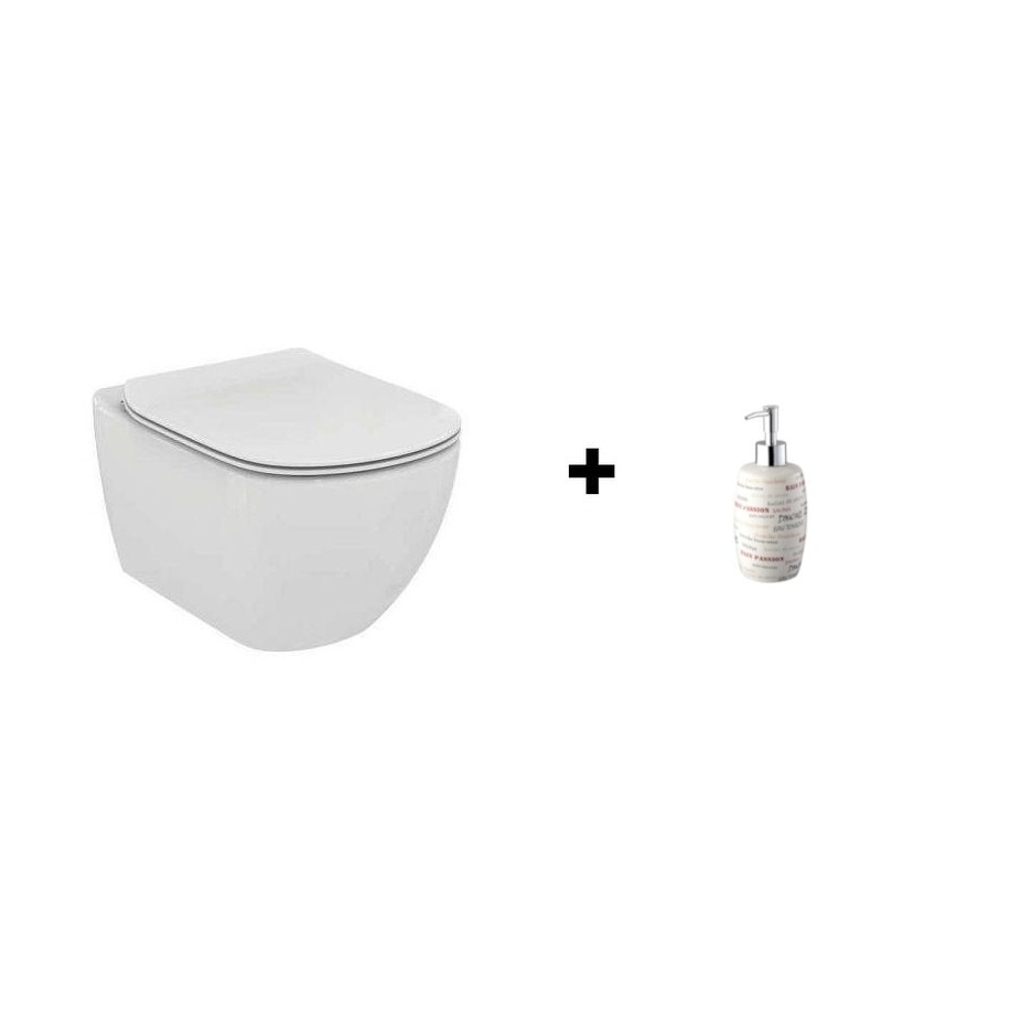 Vas de toaleta suspendat Ideal Standard Tesi Aquablade, cu capac subtire, inchidere lenta, cu dispenser de sapun Bisk