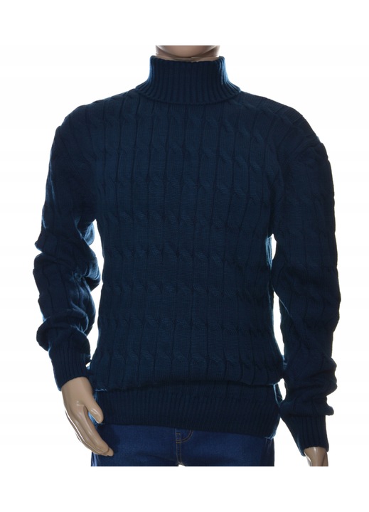 Férfi pulóver, sötétkék, gyapjú, hosszú ujjú, magas nyakú