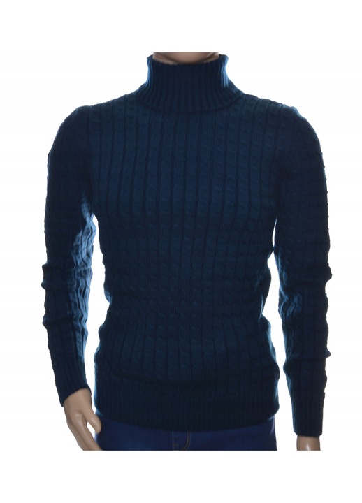Férfi pulóver, sötétkék, gyapjú, hosszú ujjú, magas nyakú, M INTL