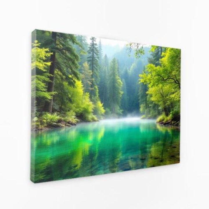 Vászonfestmény - Erdei tó tükörképe Ködös reggel - 50x70 cm