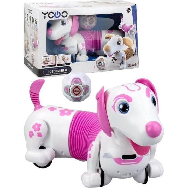 Caine interactiv Robo Dash, Silverlit, roz-alb, pentru copii 5+, cu senzor de atingere, miscare in toate directiile