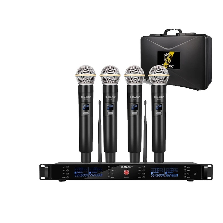 Microfon wireless, sistem 4 canale, design metalic, priza EU