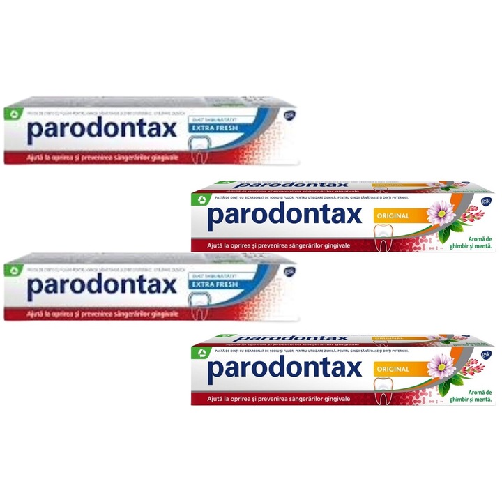Set 4 x Parodontax Variety, 2 x Pasta Dinti 75ml Extra Fresh, 2 x Pasta Dinti 75ml Original, proprietati antimicrobiene puternice, reducerea placa dentara, reduce inflamatia gingivala, respiratie proaspata, proprietati antiseptice
