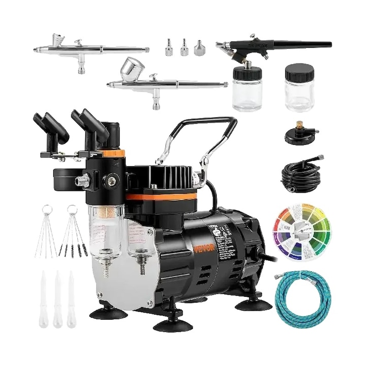 Kit profesional de aerograf dual-action, compresor eficient 120W, sigur pentru utilizare alimentara, dimensiuni 37x17x32cm, set complet.