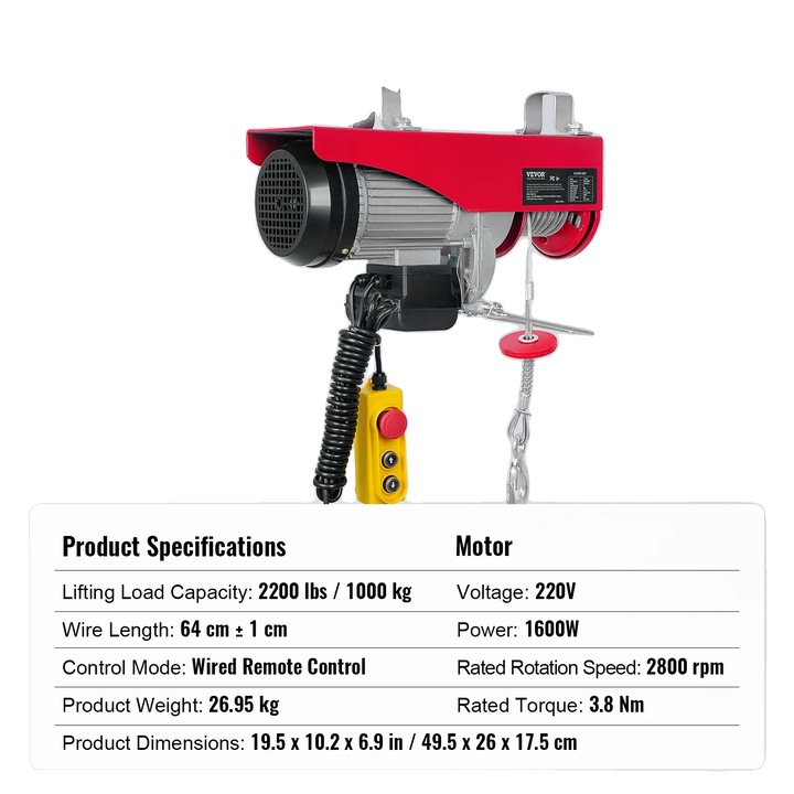 Cric electric cu telecomanda, capacitate de ridicare 1000 kg, 1600W, 49.5x26x17.5cm, set